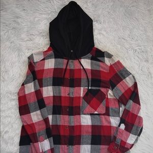 Red/Black/White Plaid Flannel with Hood